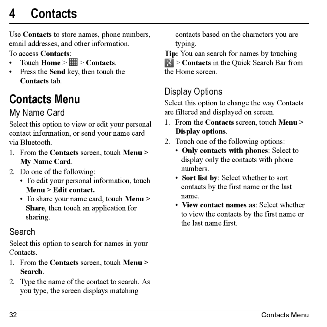 Kyocera M6000 manual Contacts Menu, My Name Card, Search, Display Options 