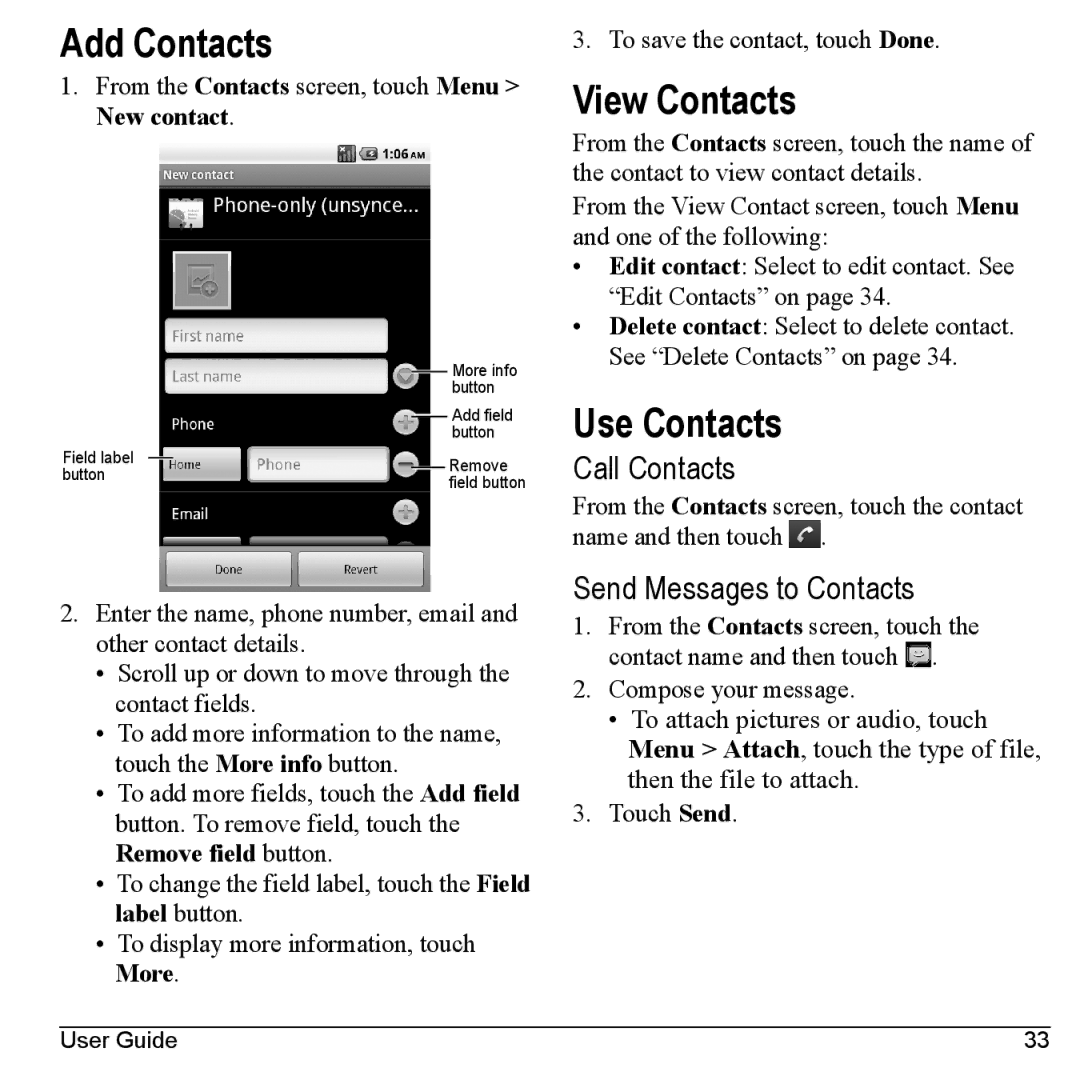 Kyocera M6000 manual Add Contacts, View Contacts, Use Contacts, Call Contacts, Send Messages to Contacts 