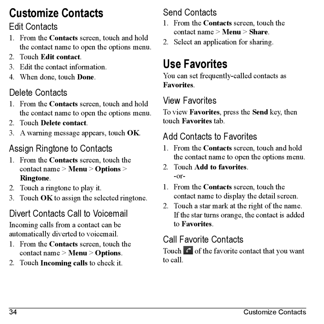 Kyocera M6000 manual Customize Contacts, Use Favorites 