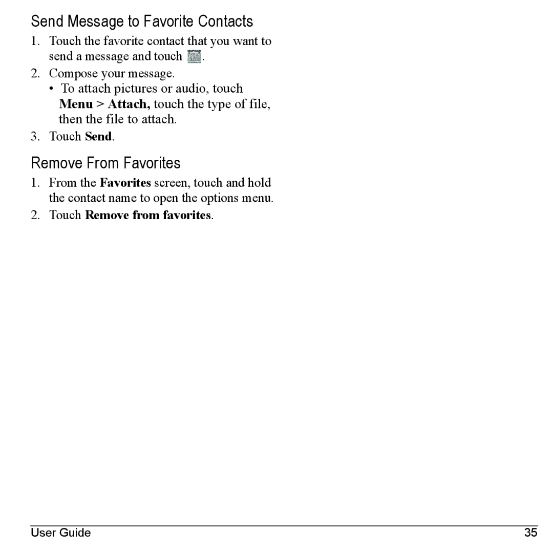 Kyocera M6000 manual Send Message to Favorite Contacts, Remove From Favorites, Touch Remove from favorites 