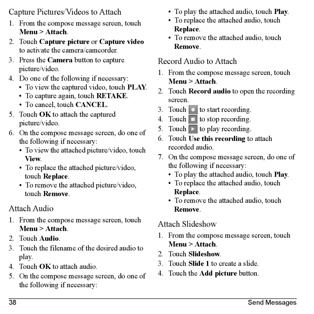 Kyocera M6000 manual Capture Pictures/Videos to Attach, Attach Audio, Record Audio to Attach, Attach Slideshow 