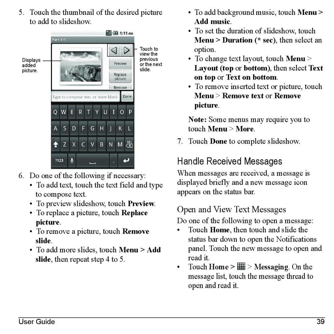 Kyocera M6000 manual Handle Received Messages, Open and View Text Messages, Touch Done to complete slideshow 