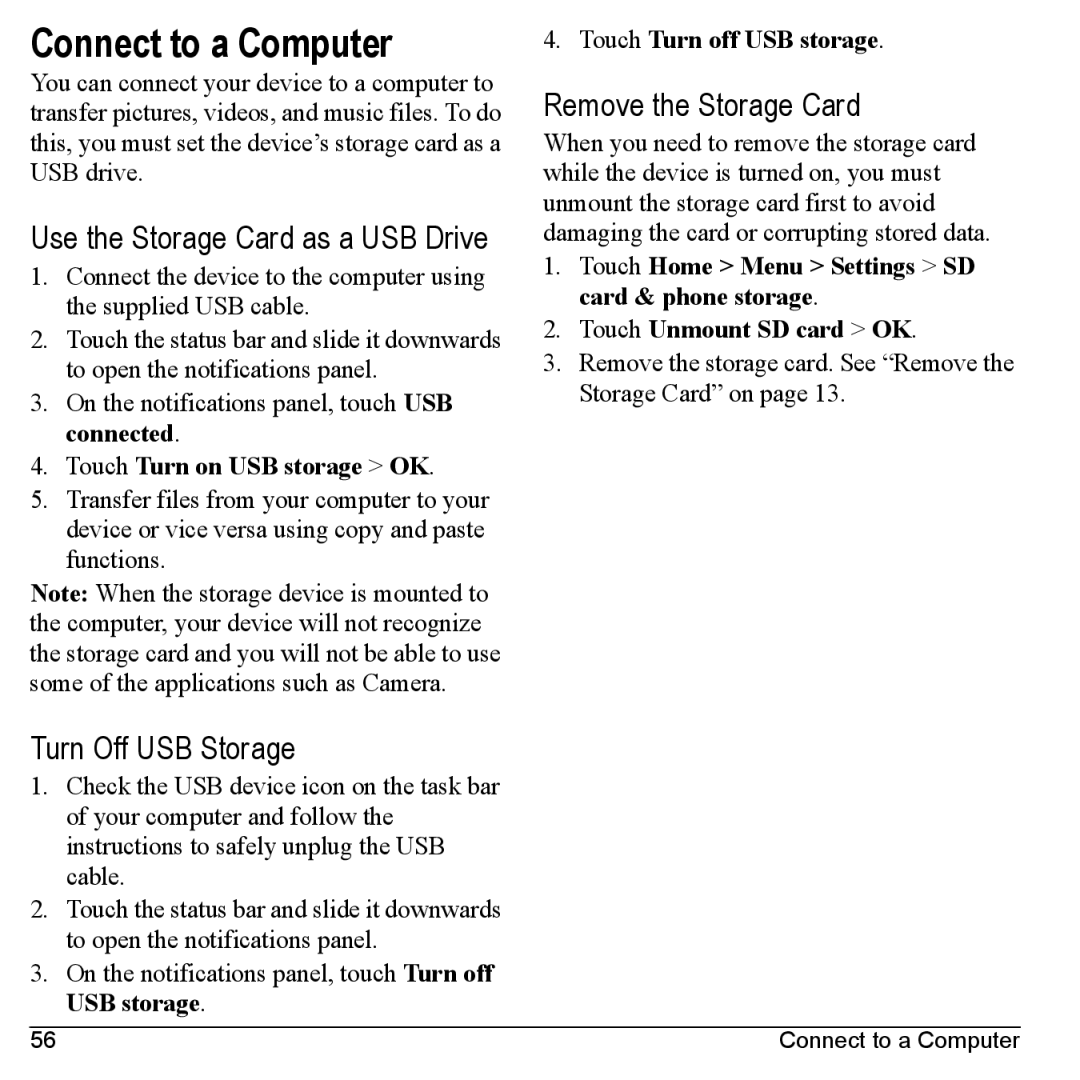 Kyocera M6000 manual Connect to a Computer, Use the Storage Card as a USB Drive, Turn Off USB Storage 