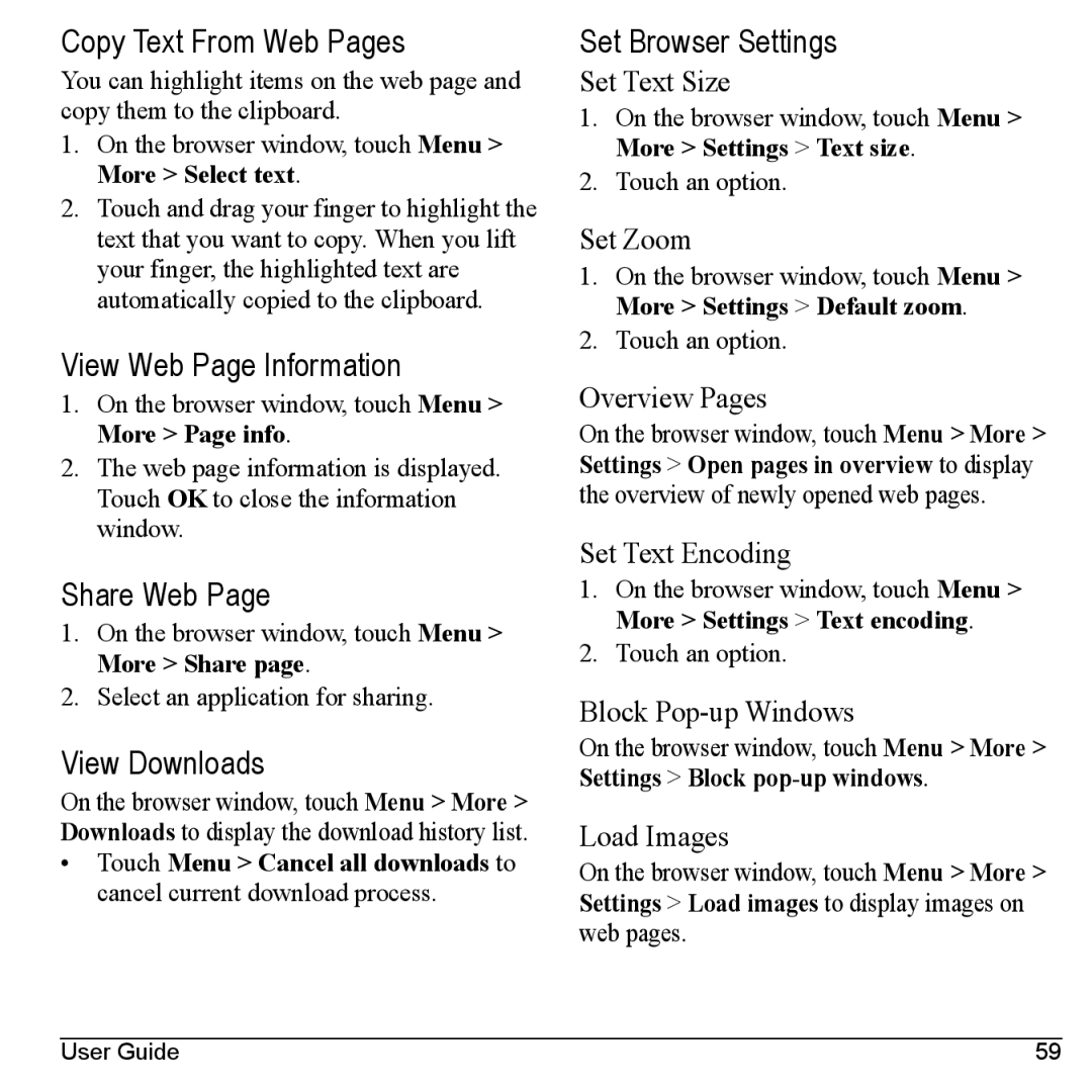 Kyocera M6000 manual Copy Text From Web Pages, View Web Page Information, Share Web, View Downloads, Set Browser Settings 