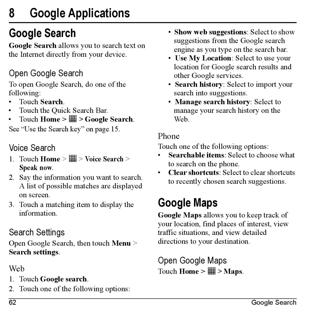 Kyocera M6000 manual Google Applications, Google Search, Google Maps 