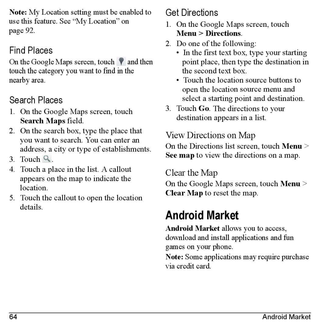 Kyocera M6000 manual Android Market, Find Places, Search Places, Get Directions 