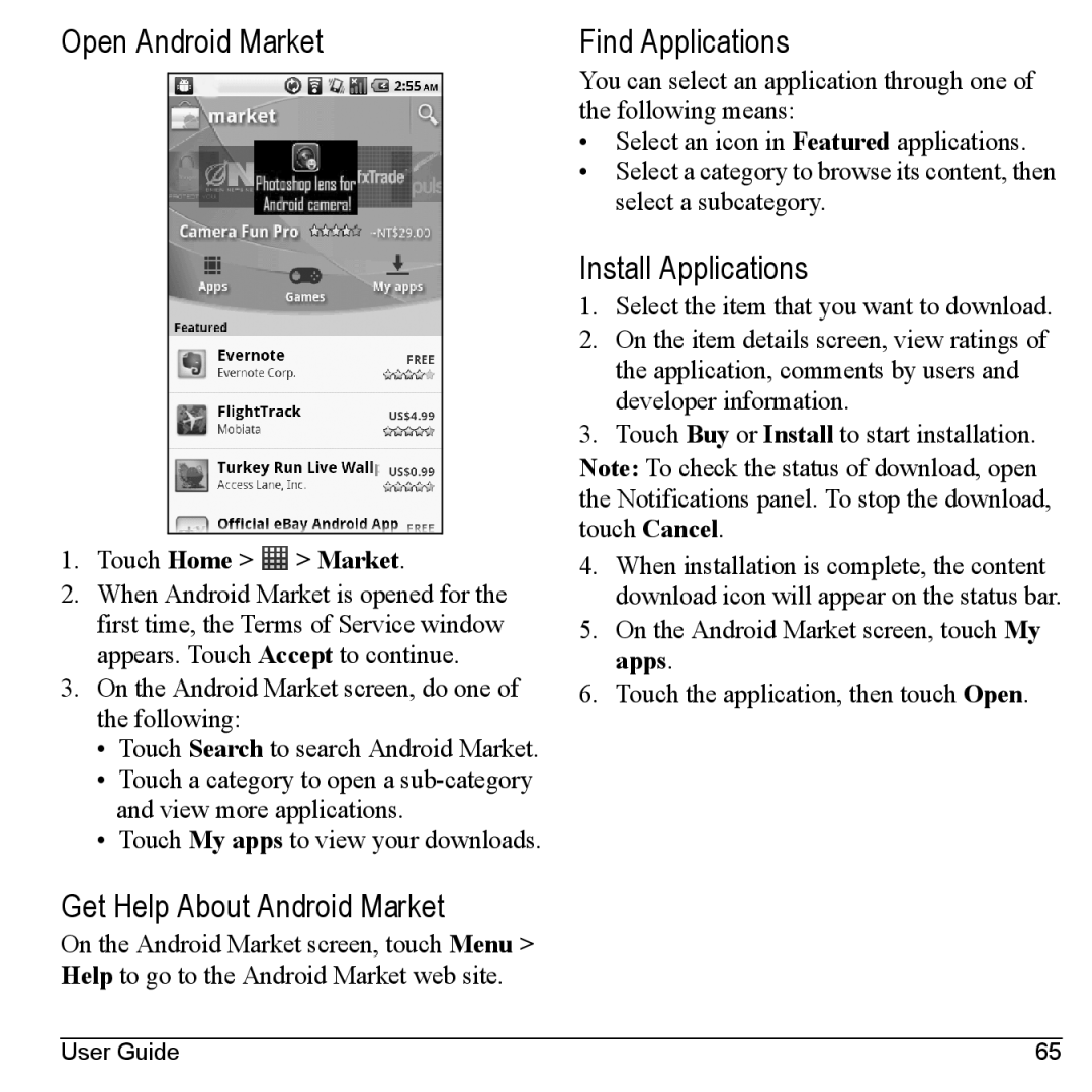 Kyocera M6000 manual Open Android Market, Get Help About Android Market, Find Applications, Install Applications 