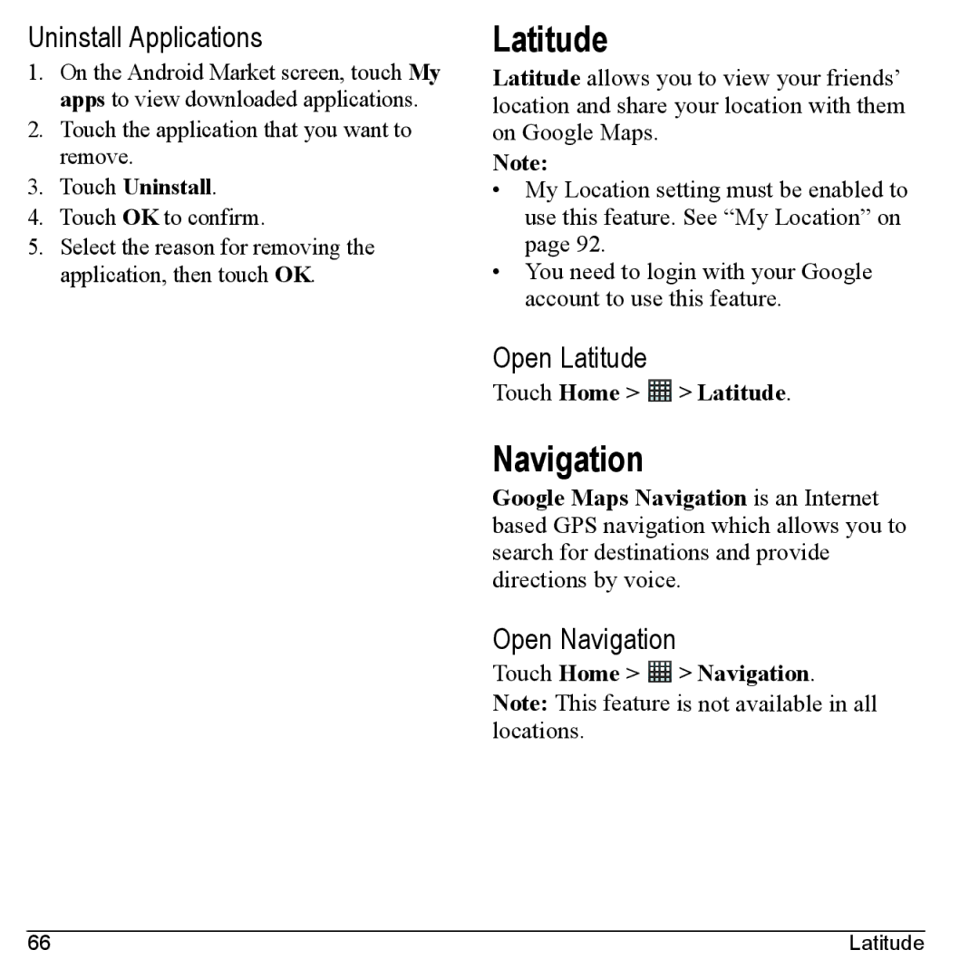 Kyocera M6000 manual Uninstall Applications, Open Latitude, Open Navigation 