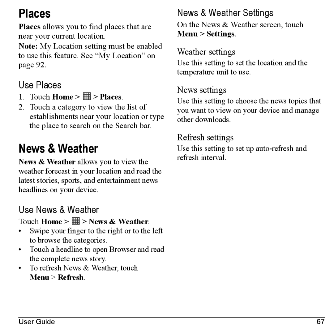 Kyocera M6000 manual Use Places, Use News & Weather, News & Weather Settings 