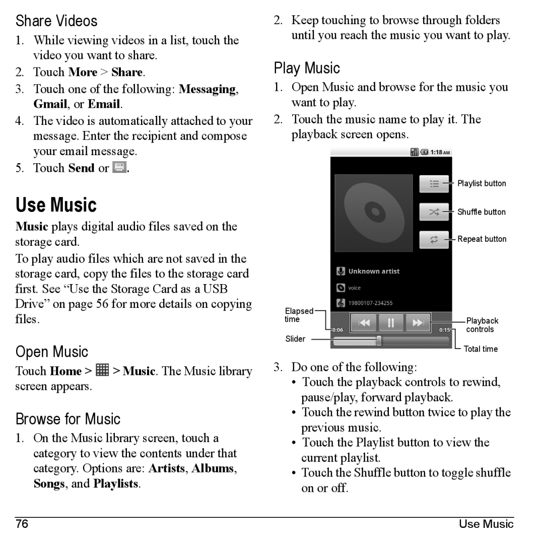 Kyocera M6000 manual Use Music, Share Videos, Open Music, Browse for Music, Play Music 