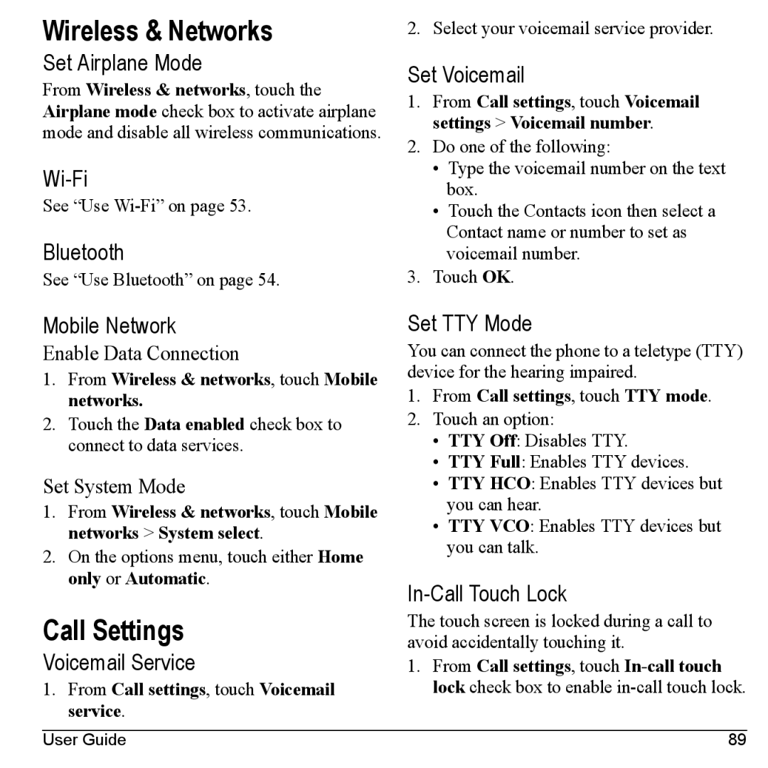 Kyocera M6000 manual Wireless & Networks, Call Settings 