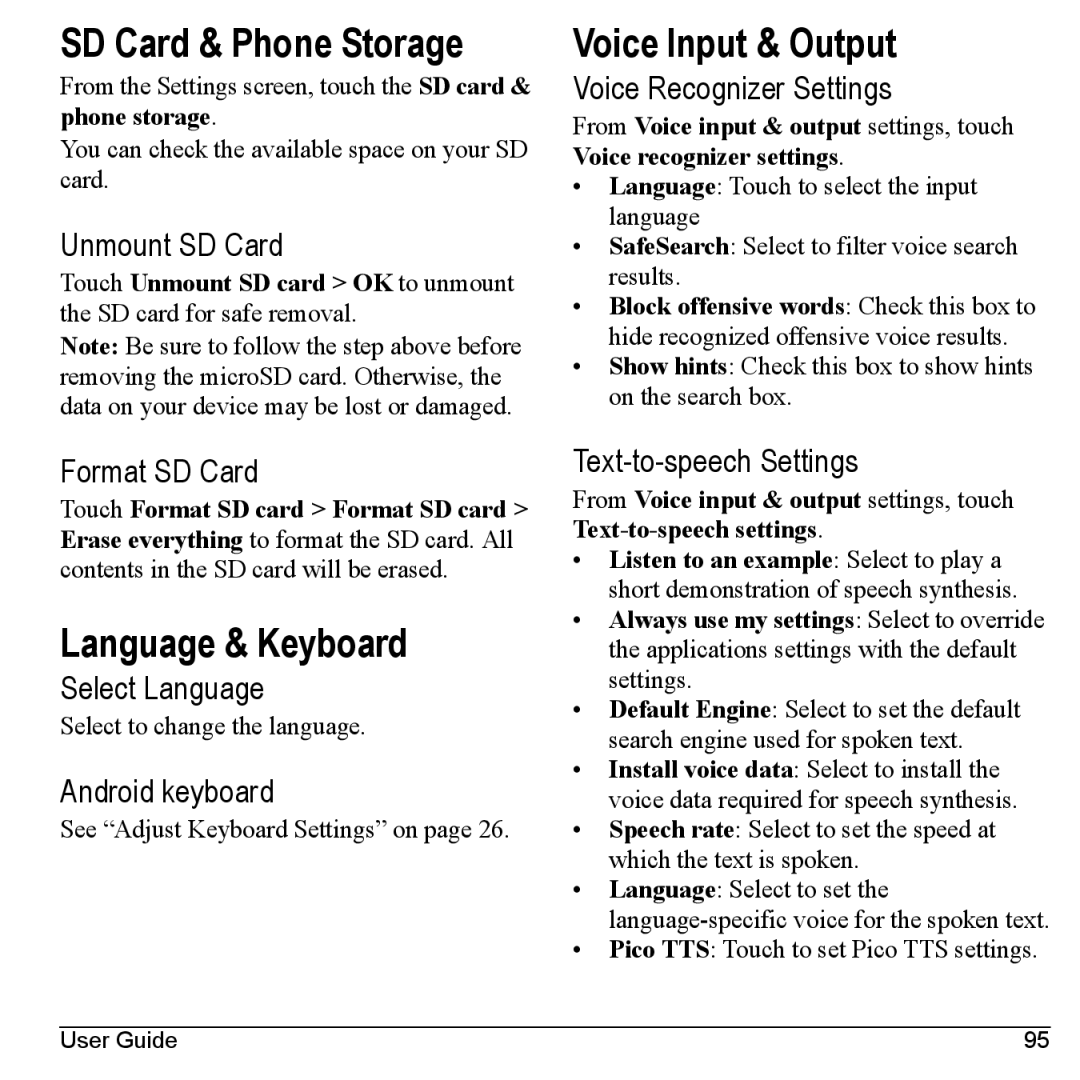 Kyocera M6000 manual SD Card & Phone Storage, Language & Keyboard, Voice Input & Output 