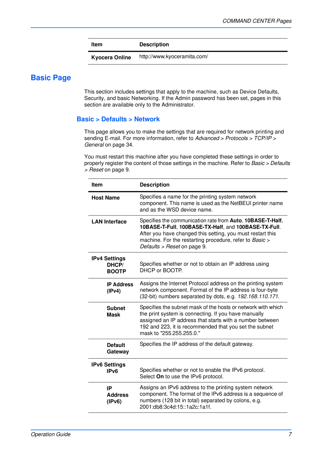 Kyocera Multifunctional Printer manual Basic Defaults Network, Dhcp, Bootp 