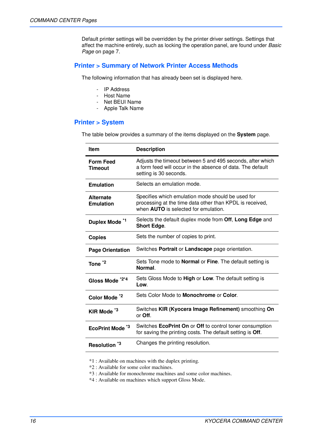 Kyocera Multifunctional Printer manual Printer Summary of Network Printer Access Methods, Printer System 