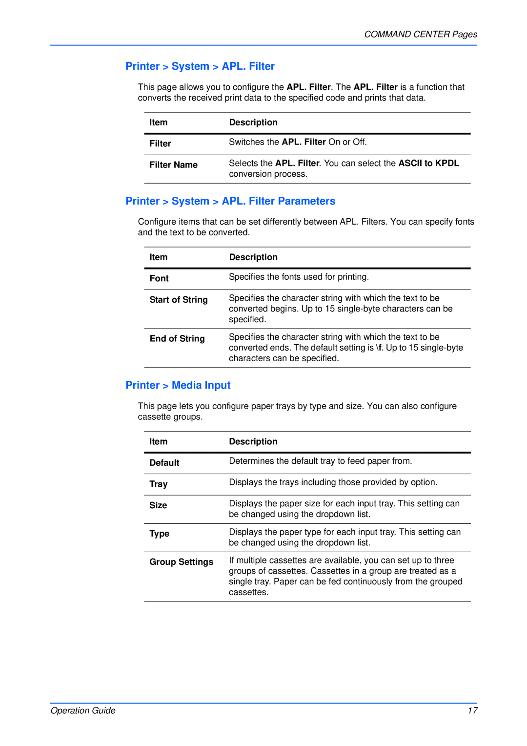 Kyocera Multifunctional Printer manual Printer System APL. Filter Parameters, Printer Media Input 