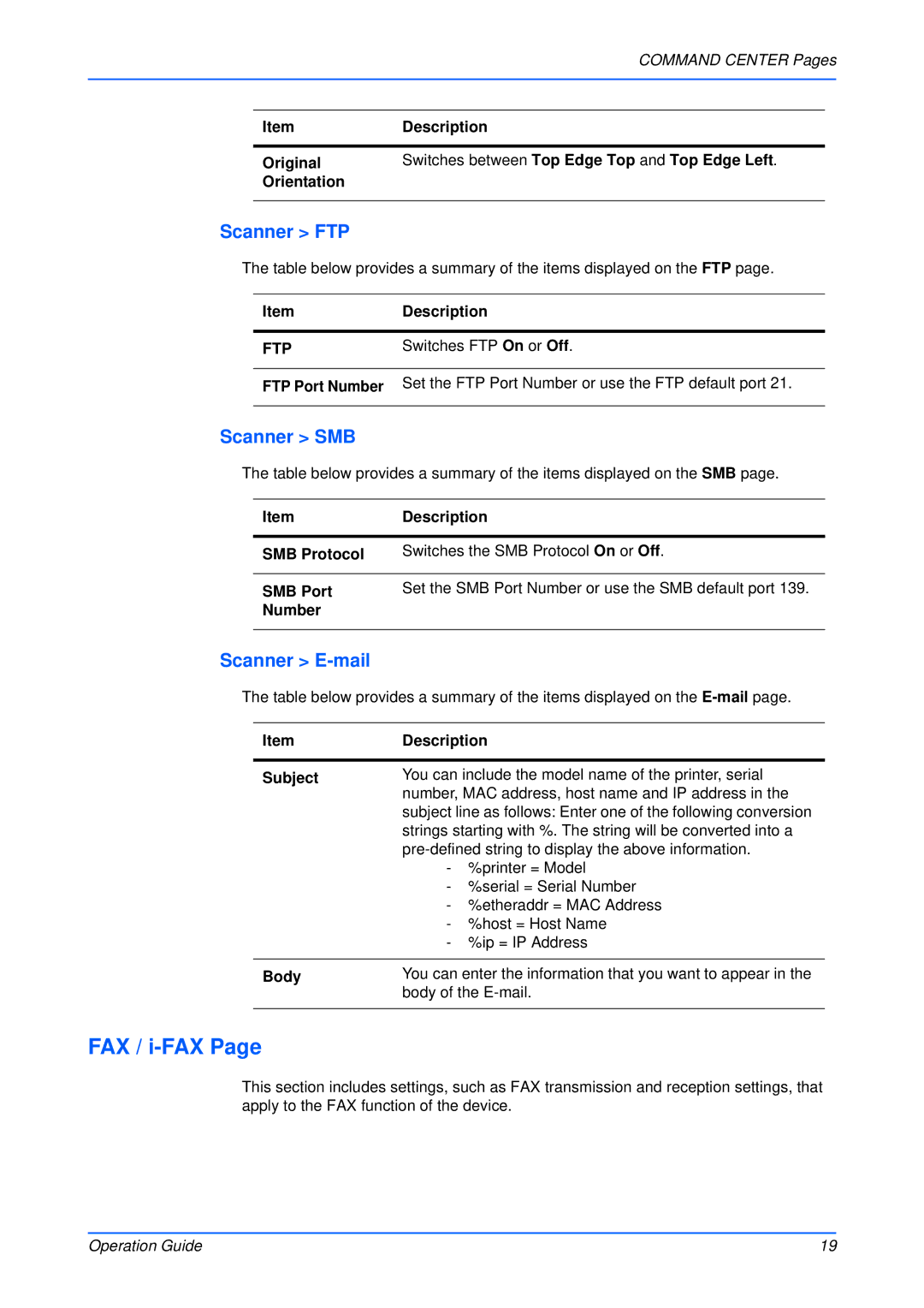 Kyocera Multifunctional Printer manual FAX / i-FAX, Scanner FTP, Scanner SMB, Scanner E-mail, Command Center Pages 