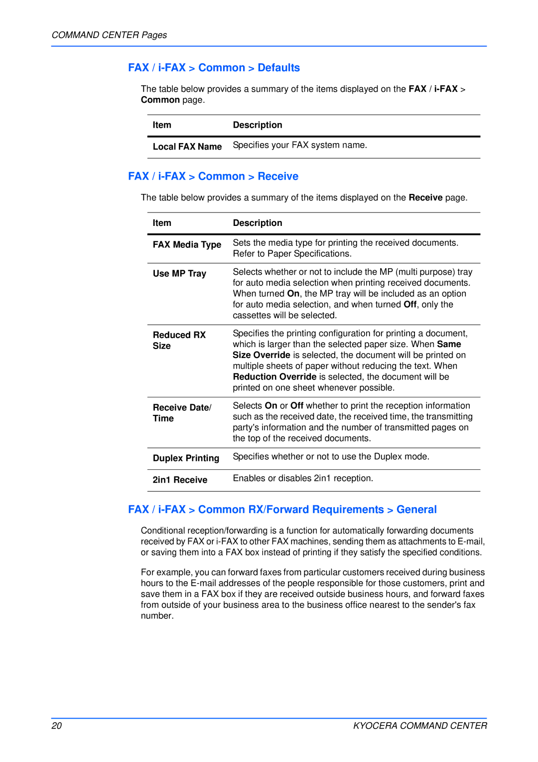 Kyocera Multifunctional Printer manual FAX / i-FAX Common Defaults, FAX / i-FAX Common Receive 