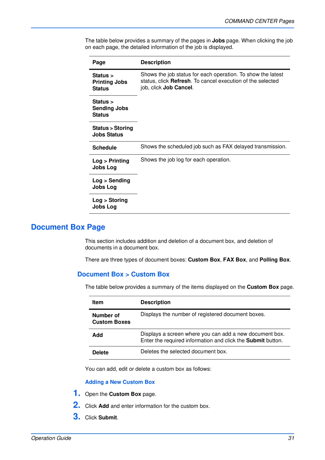 Kyocera Multifunctional Printer manual Document Box Custom Box 