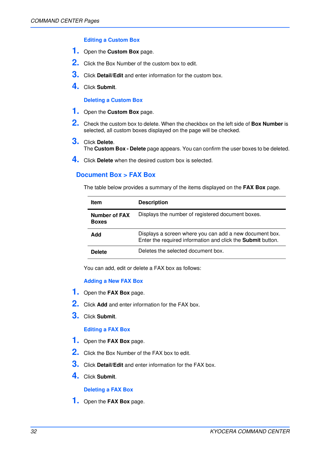 Kyocera Multifunctional Printer manual Document Box FAX Box, Editing a FAX Box 