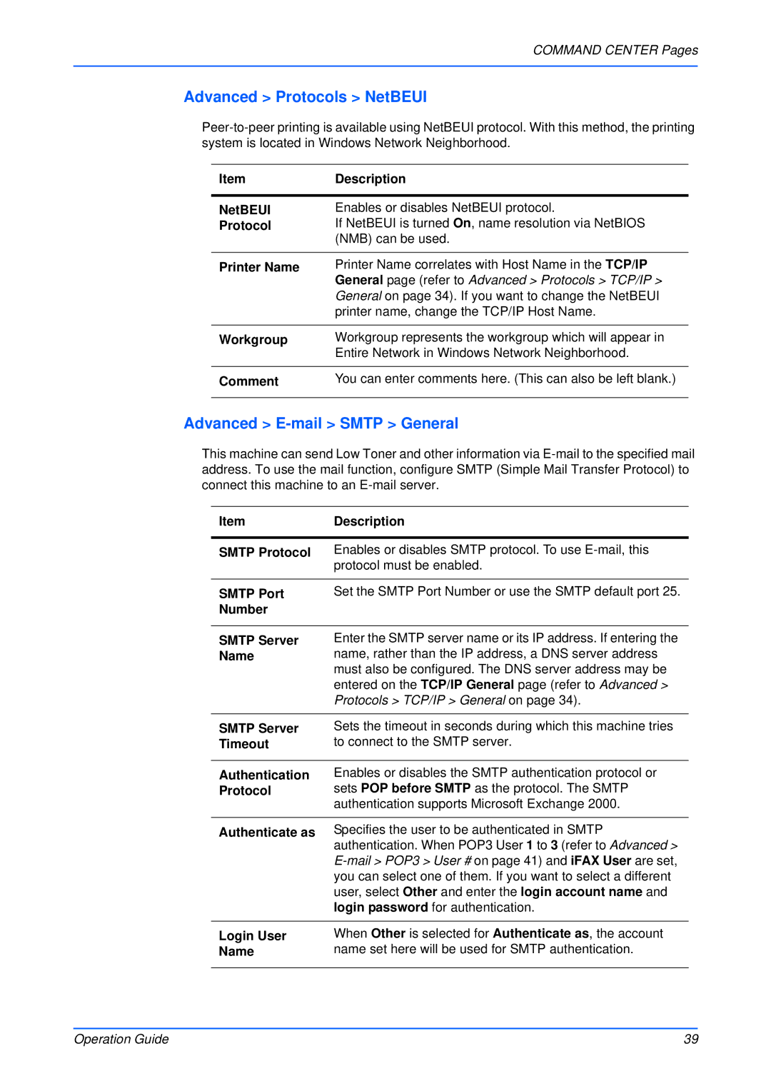 Kyocera Multifunctional Printer manual Advanced Protocols NetBEUI, Advanced E-mail Smtp General, Workgroup, Comment 