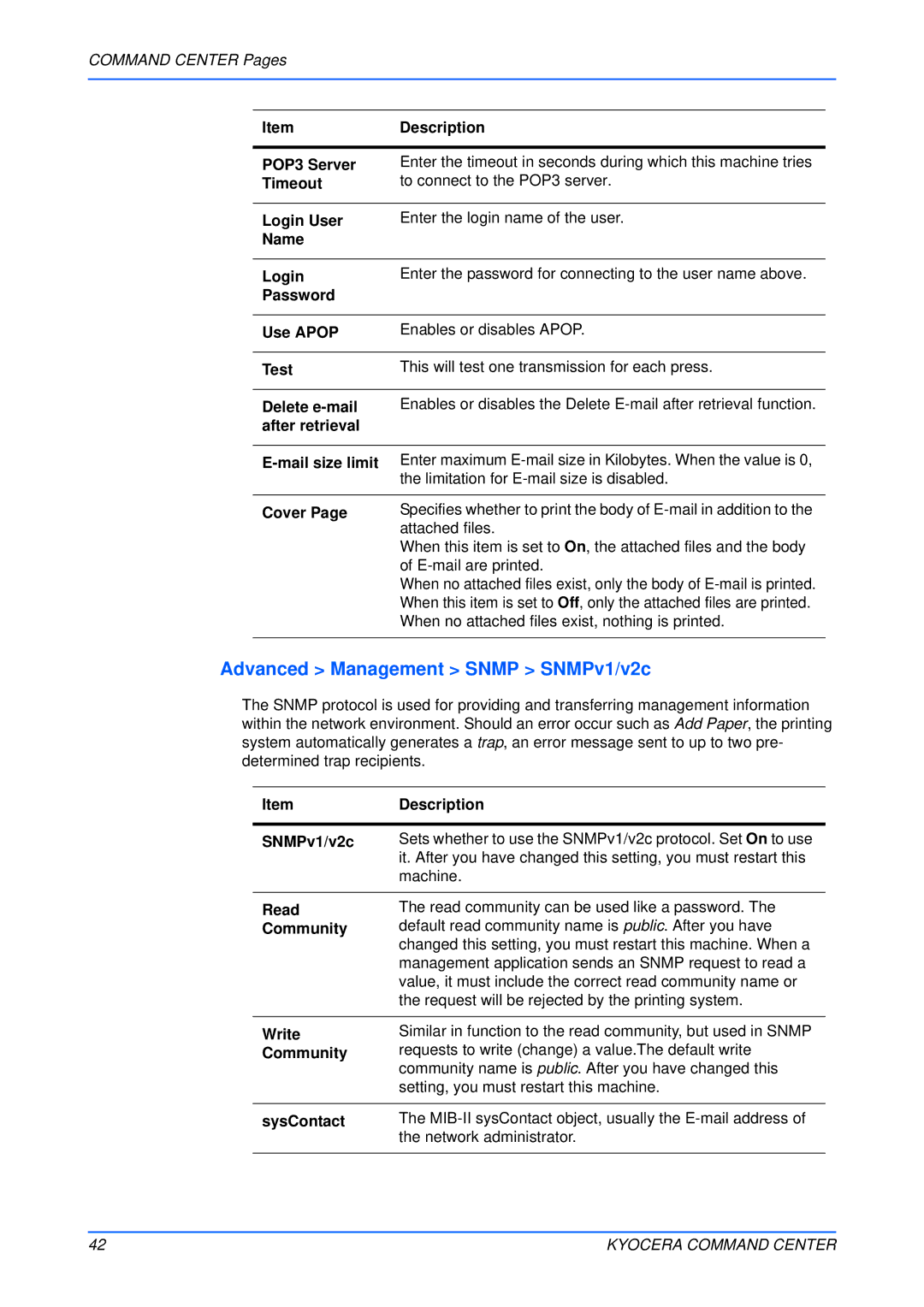 Kyocera Multifunctional Printer manual Advanced Management Snmp SNMPv1/v2c, Name Login, Password Use Apop, Write Community 