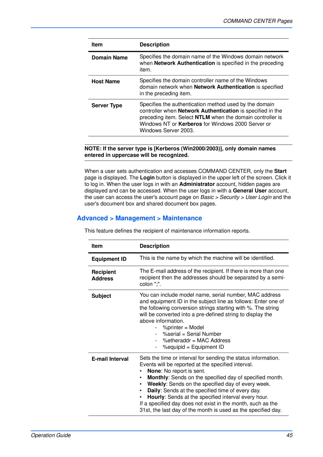 Kyocera Multifunctional Printer manual Advanced Management Maintenance, Domain Name, Host Name, Server Type 