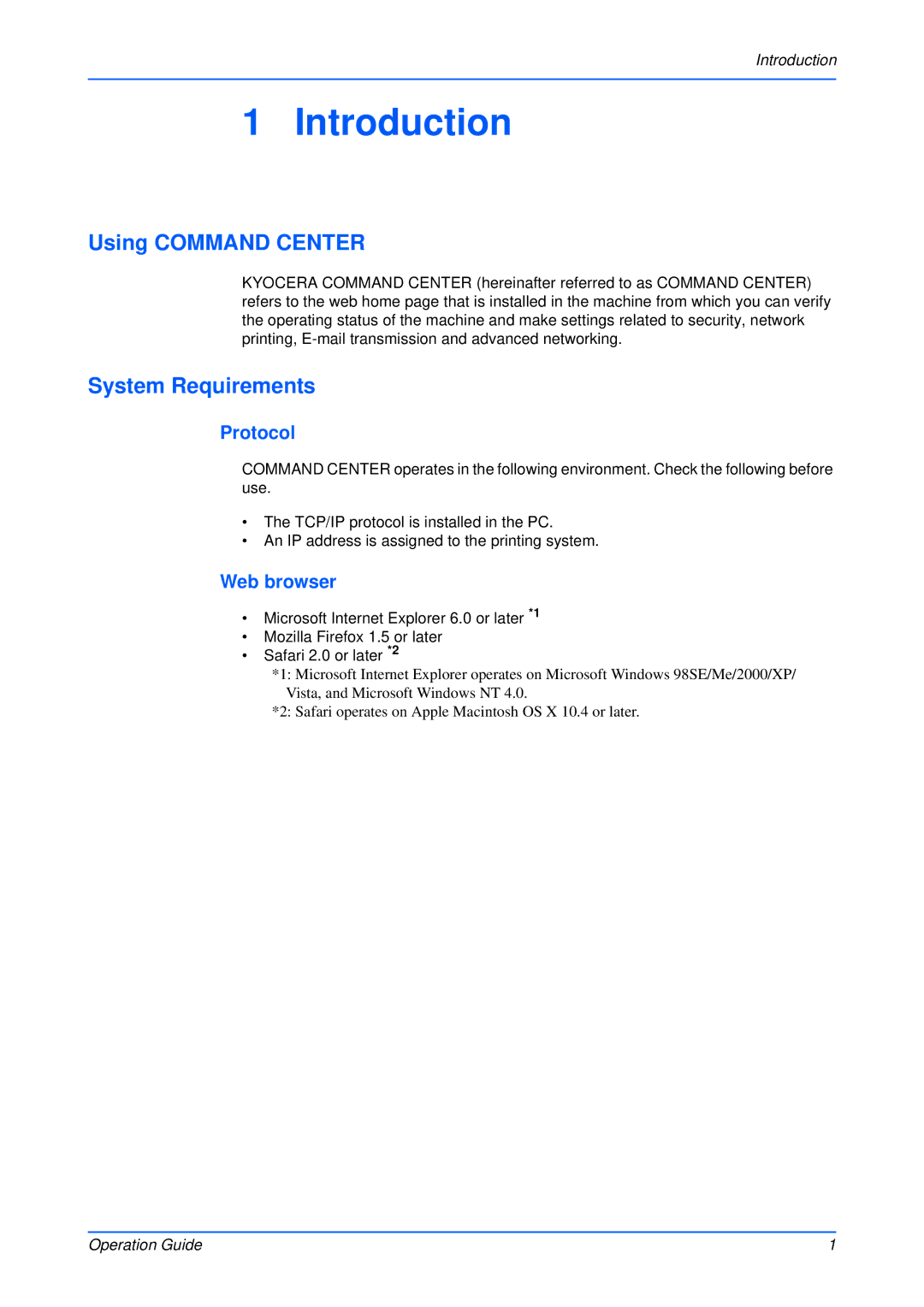 Kyocera Multifunctional Printer manual Using Command Center, System Requirements, Protocol, Web browser 