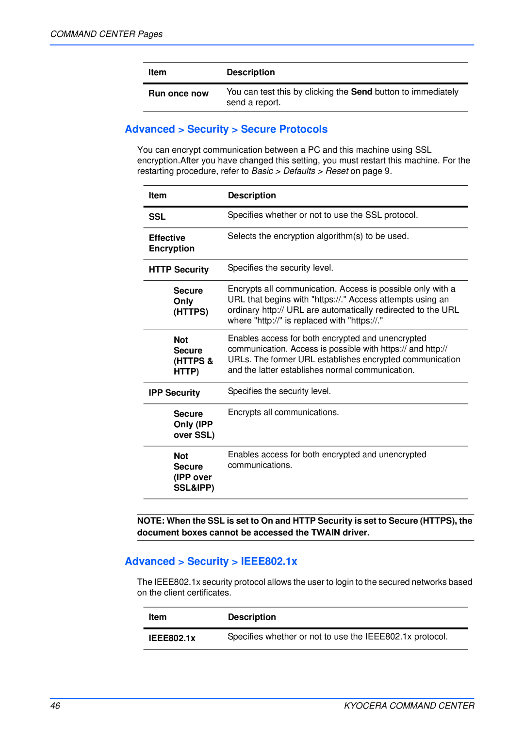 Kyocera Multifunctional Printer manual Advanced Security Secure Protocols, Advanced Security IEEE802.1x, Ssl, Https 