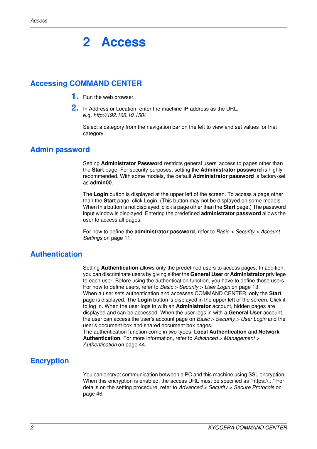 Kyocera Multifunctional Printer manual Accessing Command Center, Admin password, Authentication, Encryption 