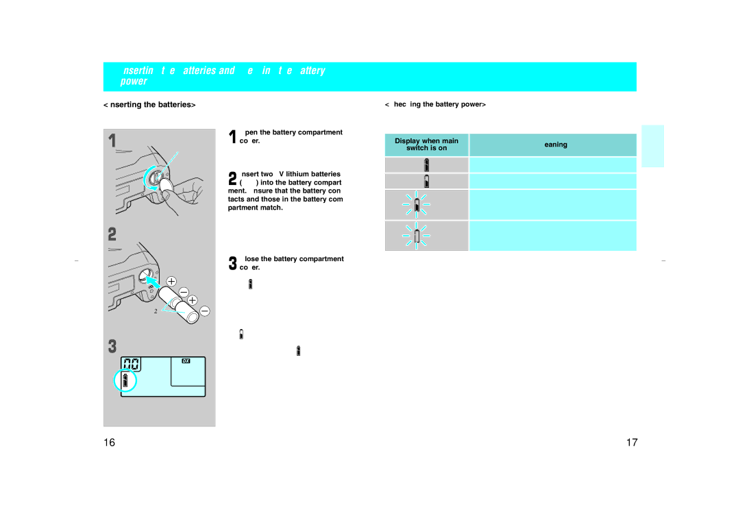 Kyocera NX instruction manual Inserting the batteries and checking the battery power 