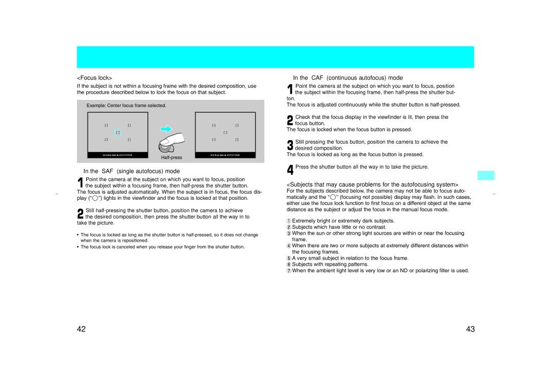 Kyocera NX instruction manual Focus lock, SAF single autofocus mode, CAF continuous autofocus mode 