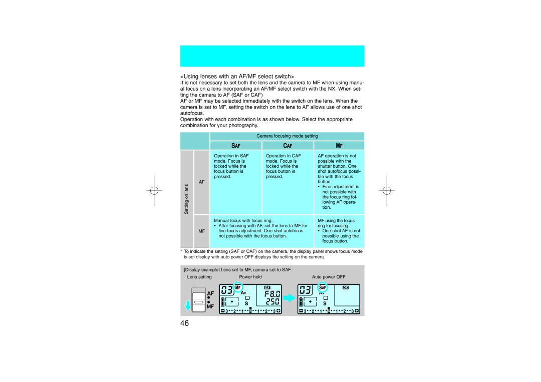 Kyocera NX instruction manual Using lenses with an AF/MF select switch 