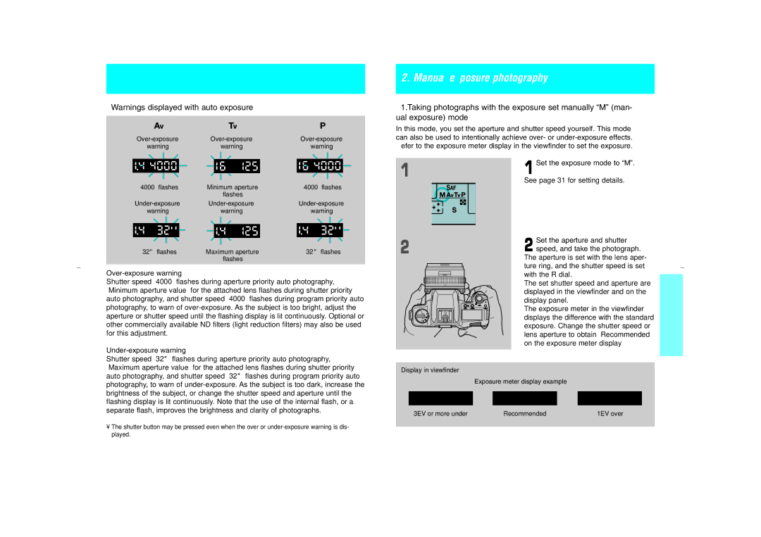 Kyocera NX Manual exposure photography, Over-exposure warning, Under-exposure warning, Set the exposure mode to M 