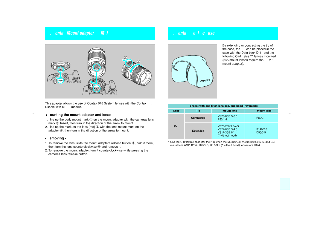Kyocera NX Contax Mount adapter NAM-1, Contax Flexible case C-9, Mounting the mount adapter and lens, Removing, Extended 