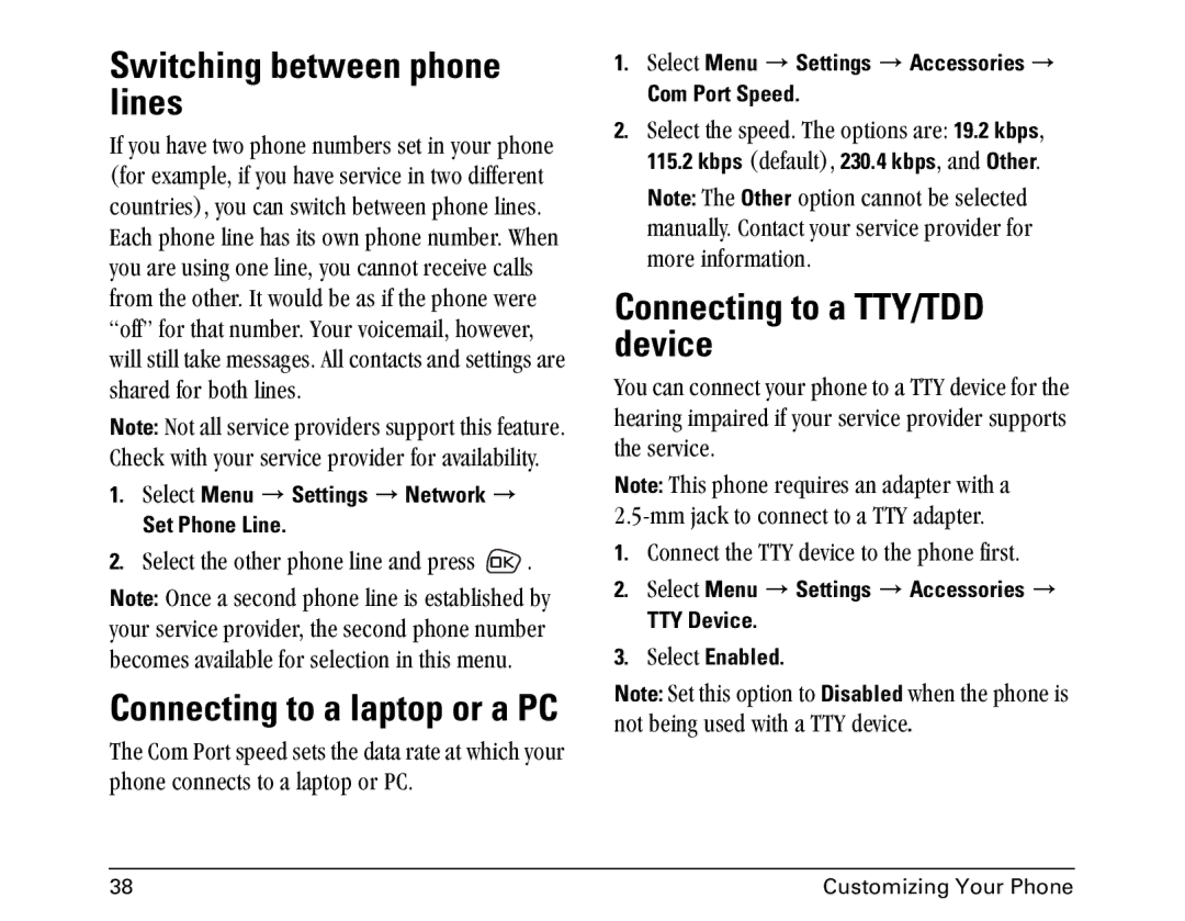 Kyocera Opal Series manual Switching between phone lines, Connecting to a TTY/TDD device, Connecting to a laptop or a PC 