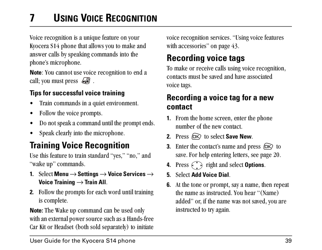 Kyocera Opal Series manual Training Voice Recognition, Recording voice tags, Using Voice Recognition 