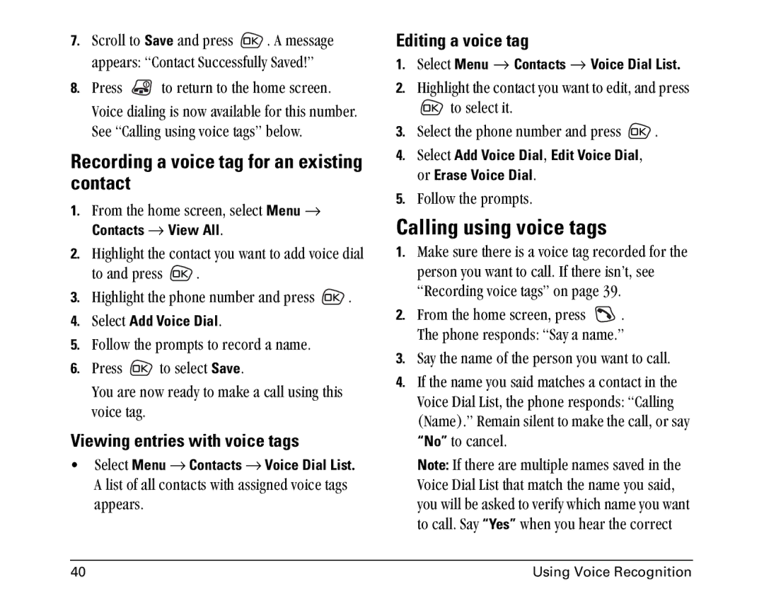 Kyocera Opal Series manual Calling using voice tags, Recording a voice tag for an existing contact, Editing a voice tag 