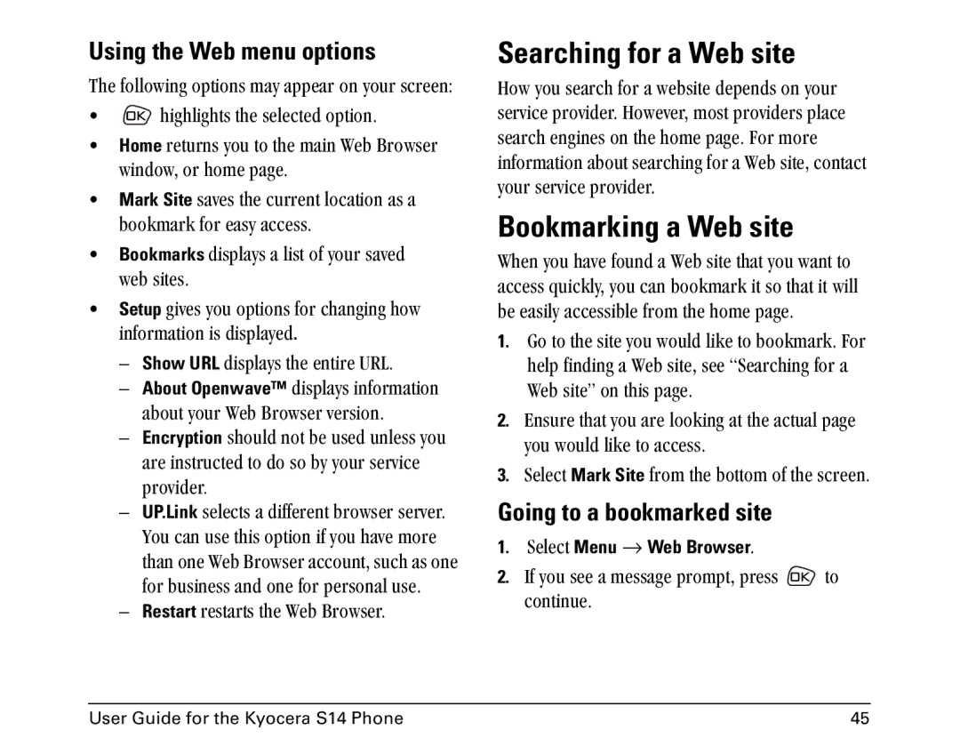 Kyocera Opal Series manual Searching for a Web site, Bookmarking a Web site, Using the Web menu options 