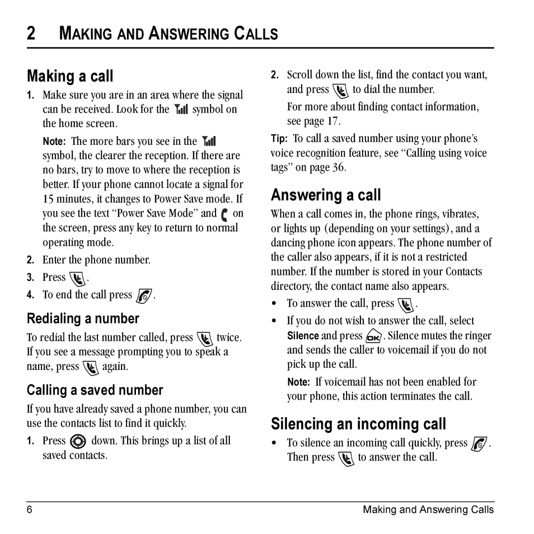 Kyocera Phone manual Making a call, Answering a call, Silencing an incoming call, Making and Answering Calls 