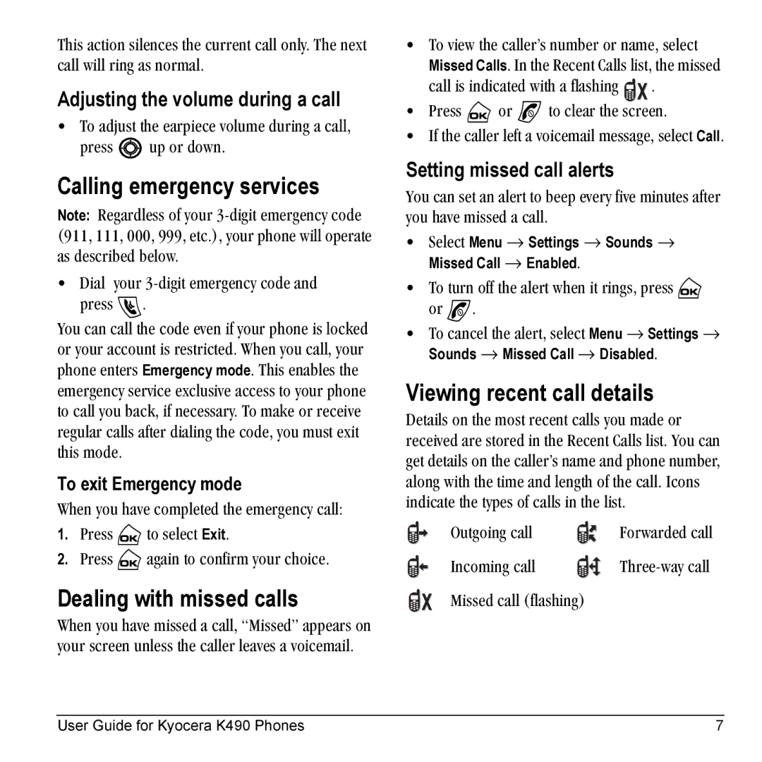 Kyocera Phone manual Calling emergency services, Dealing with missed calls, Viewing recent call details 