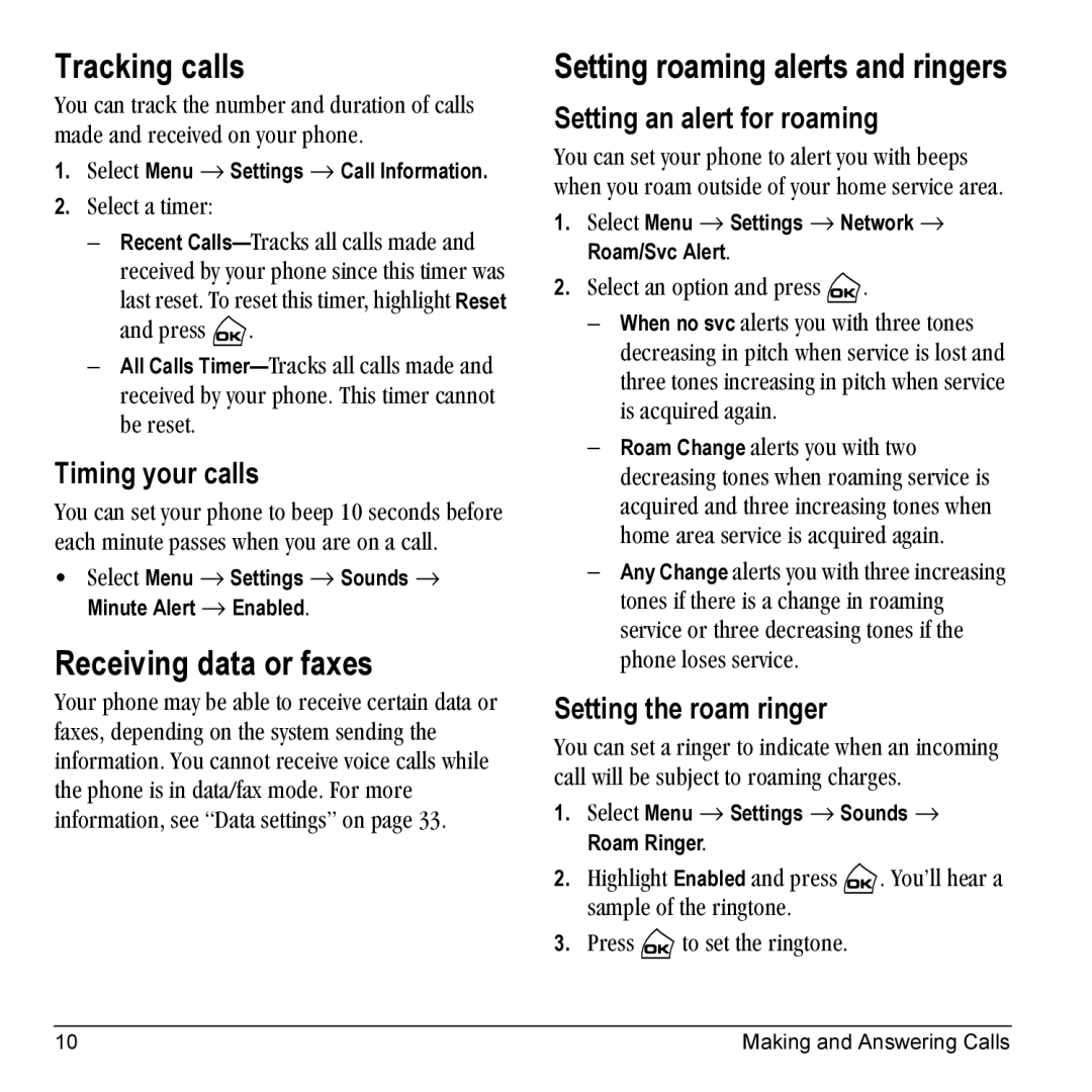 Kyocera Phone manual Tracking calls, Receiving data or faxes, Setting roaming alerts and ringers 