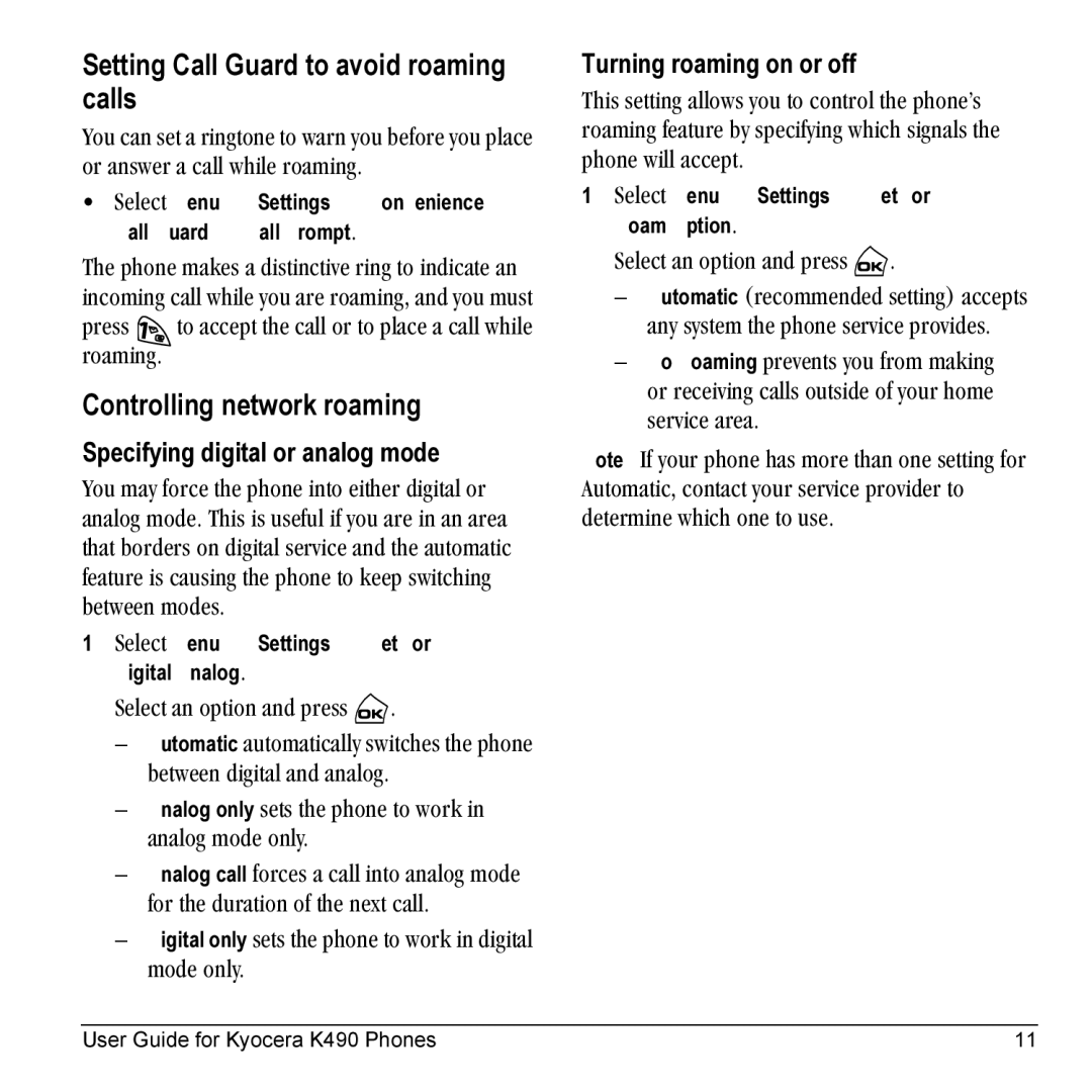 Kyocera Phone Setting Call Guard to avoid roaming calls, Controlling network roaming, Specifying digital or analog mode 