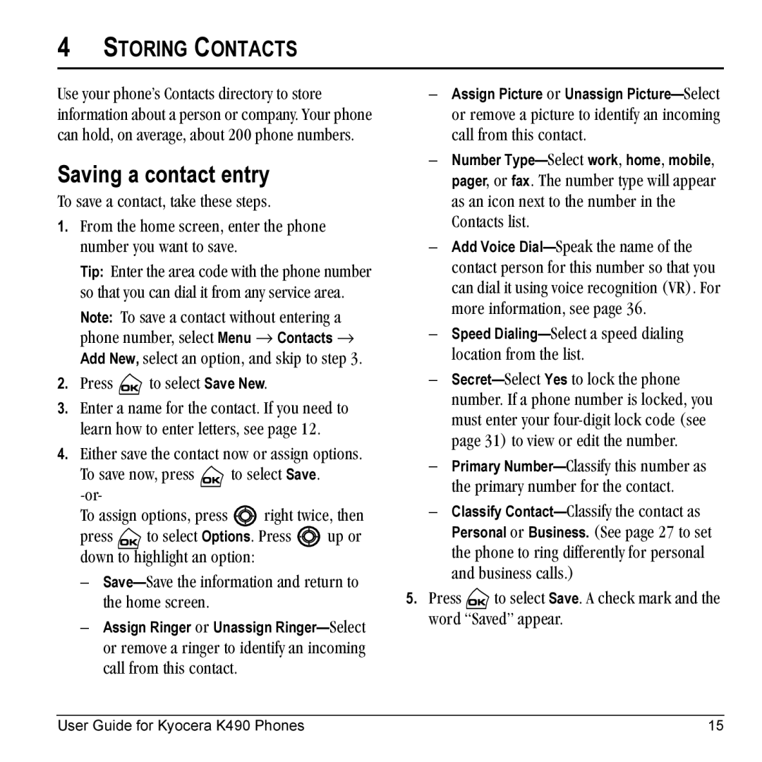 Kyocera Phone manual Saving a contact entry, Storing Contacts 