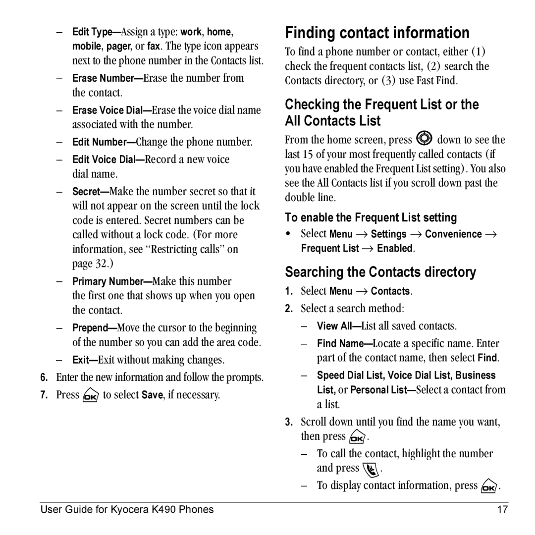 Kyocera Phone manual Finding contact information, Checking the Frequent List or the All Contacts List 