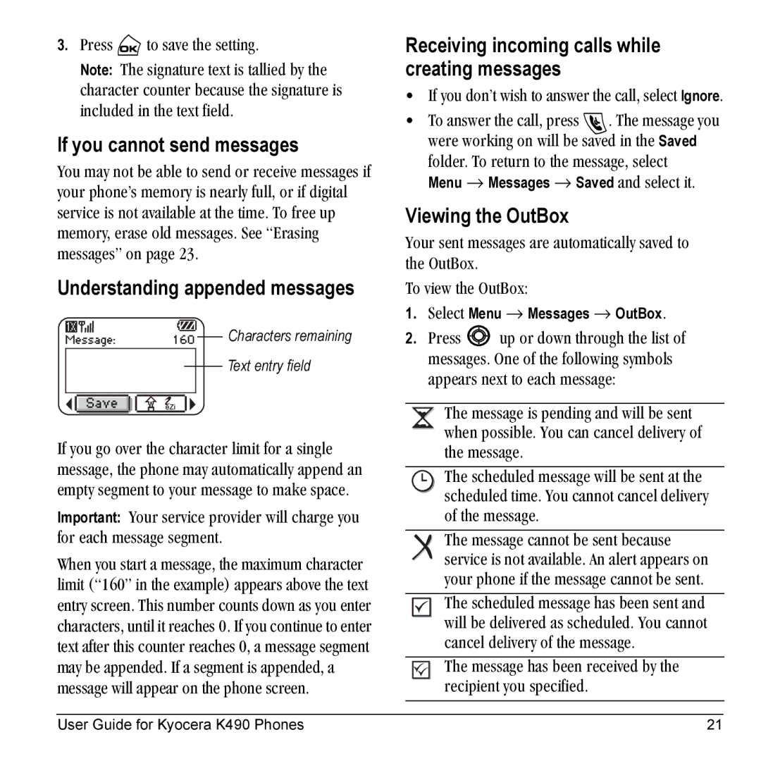 Kyocera Phone manual If you cannot send messages, Understanding appended messages, Viewing the OutBox 