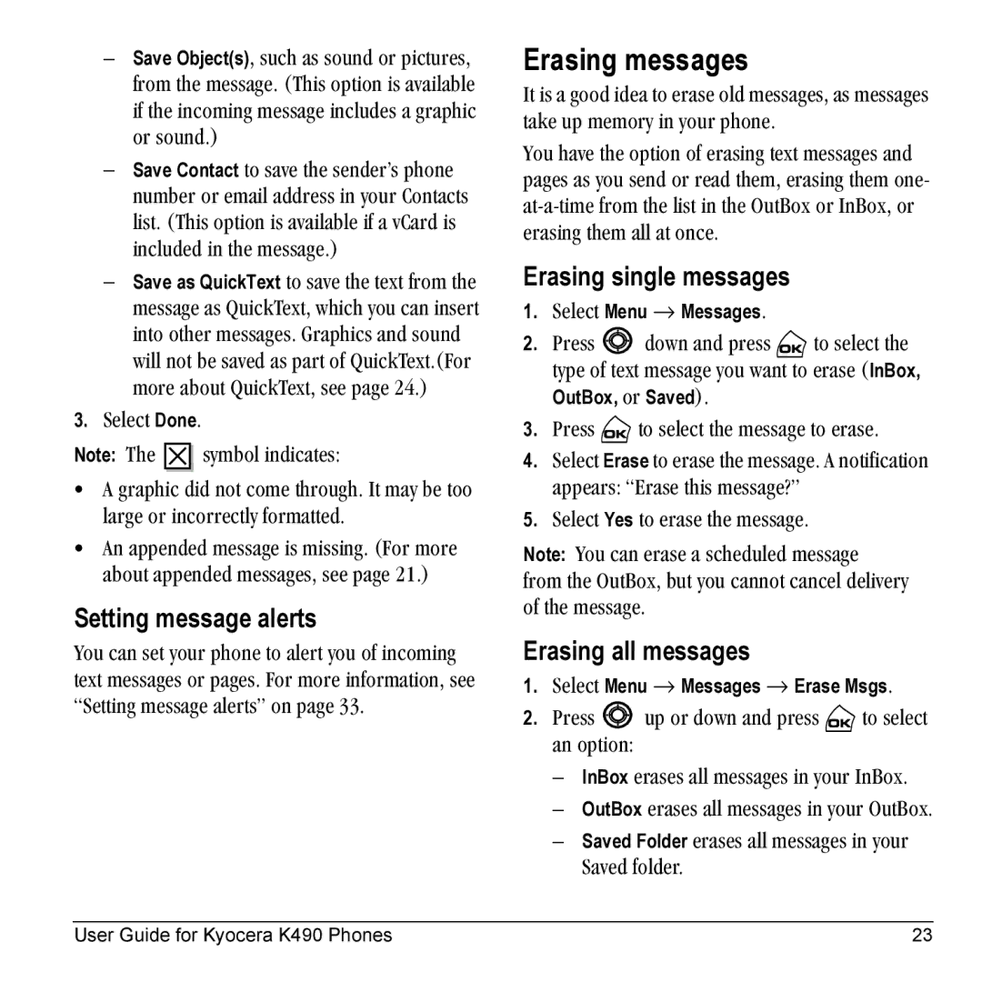 Kyocera Phone manual Erasing messages, Setting message alerts, Erasing single messages, Erasing all messages 