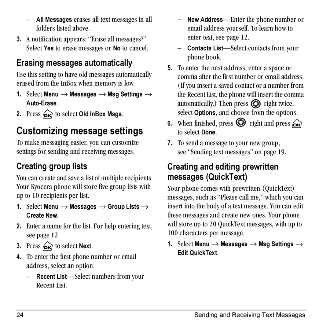 Kyocera Phone manual Customizing message settings, Erasing messages automatically, Creating group lists 