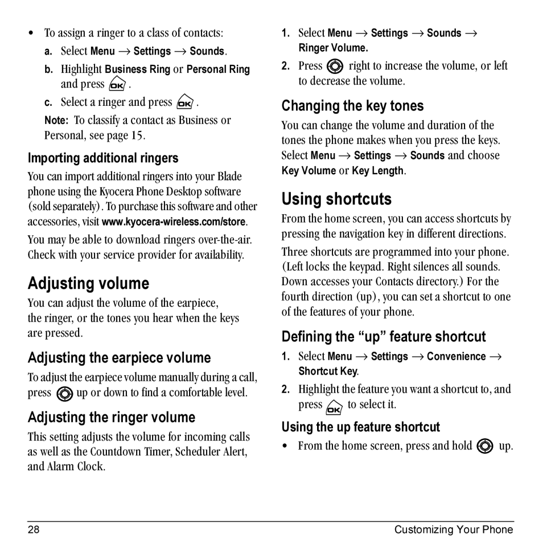 Kyocera Phone manual Adjusting volume, Using shortcuts 