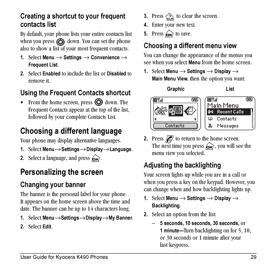 Kyocera Phone manual Choosing a different language, Personalizing the screen 