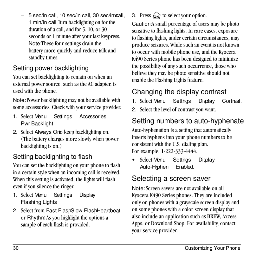 Kyocera Phone manual Changing the display contrast, Setting numbers to auto-hyphenate, Selecting a screen saver 